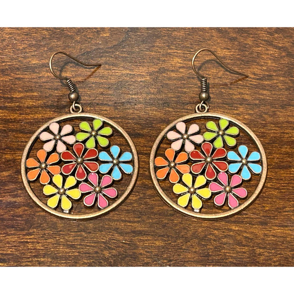 Antiqued Bronze BOHO Hippy Round Multicolor Flower Earrings with Wire Hook - Picture 1 of 3
